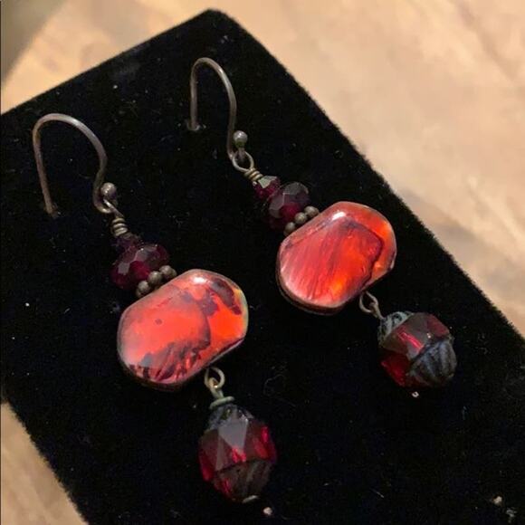 Unknown Jewelry - Vintage Red Czech dichroic Glass dangle earrings